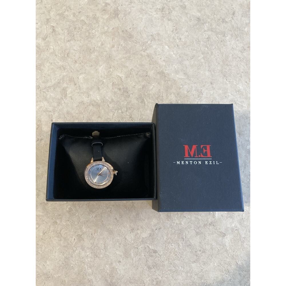 Menton Ezil Women's Analog Watch Genuine Black Leather Band Bling